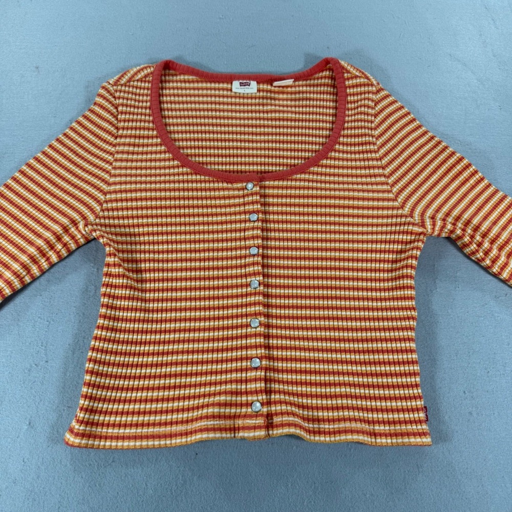 Levi's Ribbed Button Front‎ Striped Top L Orange Retro Y2K Fitted Scoop Neck Tee